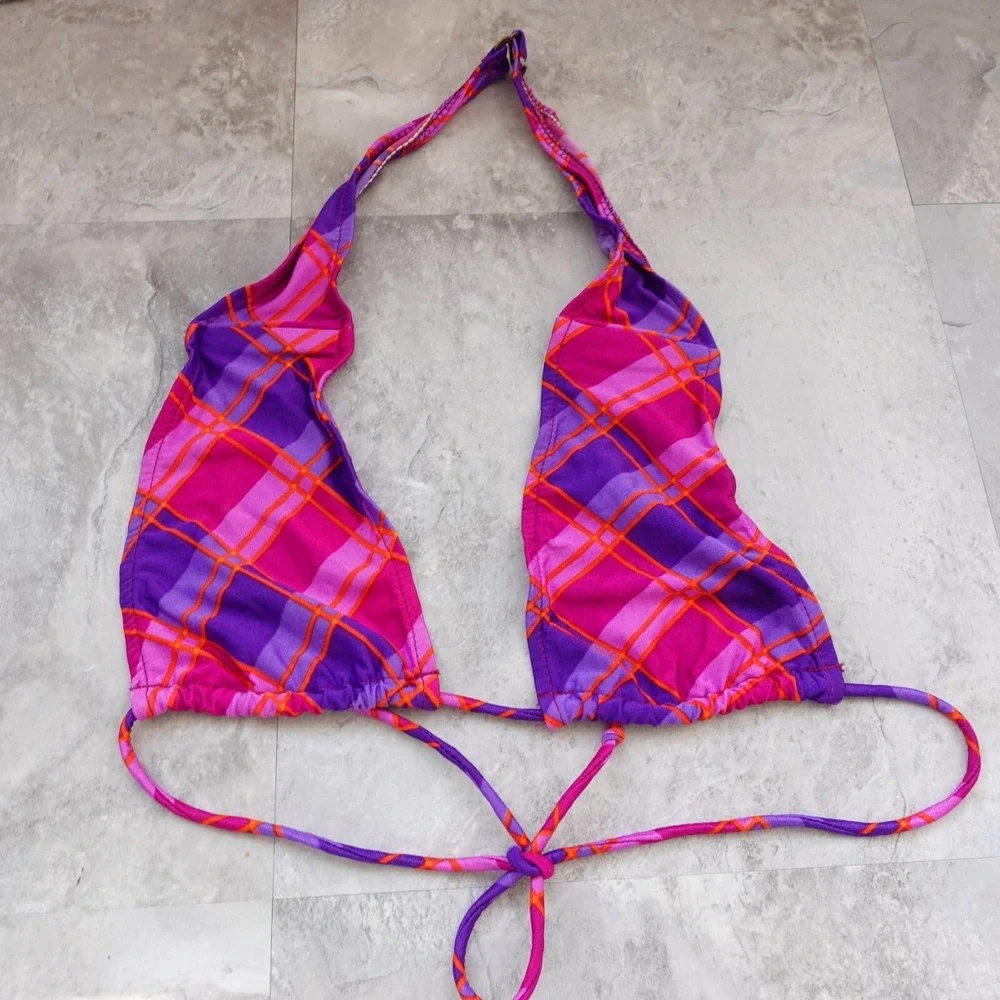 Pink Plaid Halter Brallete Bikini Top Girls 13 14 Swimsuit Beach Swim Summer